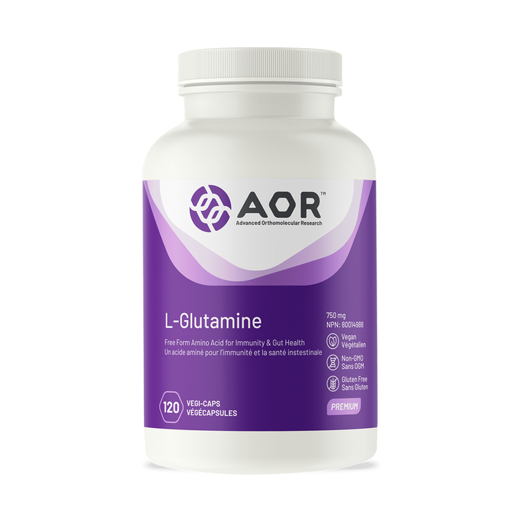 AOR L-Glutamine 750mg (120), product packaging.