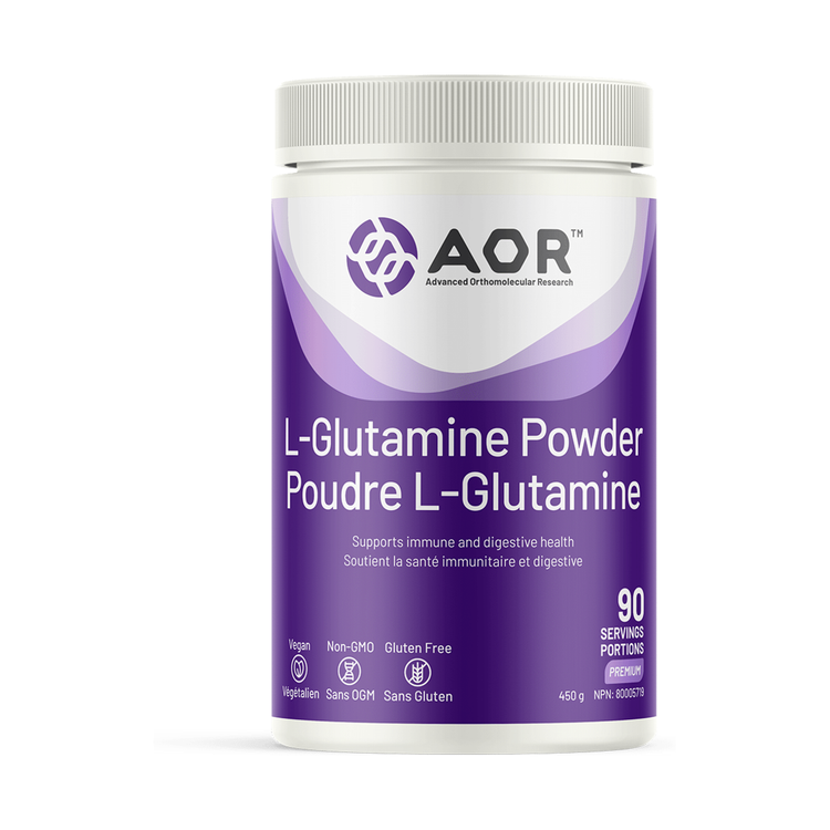AOR L-Glutamine Powder (450), product packaging.