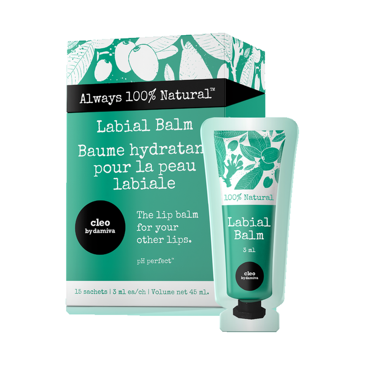 Damiva Cleo Labial Balm (30), balm tube and carton on a white background.