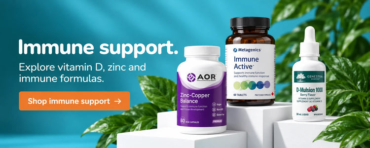 Immune support. Explore vitamin D, zinc and immune formulas. Shop immune support. AOR Zinc-Copper Balance, Metagenics Immune Active and Genestra D-Mulsion 1000 Berry on white display blocks with green leaves.