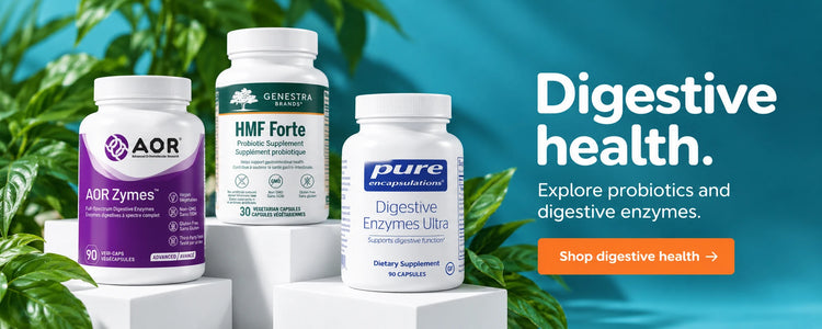 Digestive health. Explore probiotics and digestive enzymes. Shop digestive health. AOR Zymes, Genestra HMF Forte and Pure Encapsulations Digestive Enzymes Ultra on white display blocks with green leaves.