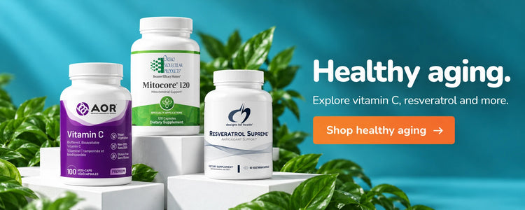 Healthy aging. Explore vitamin C, resveratrol and more. Shop healthy aging. AOR Vitamin C, Orthomolecular Products Mitocore 120 and Designs for Health Resveratrol Supreme on white display blocks with green leaves.
