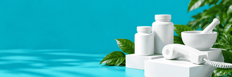 Two white supplement bottles, a white mortar and pestle and a white telephone handset with a coiled cord on white display blocks with green leaves against a turquoise background