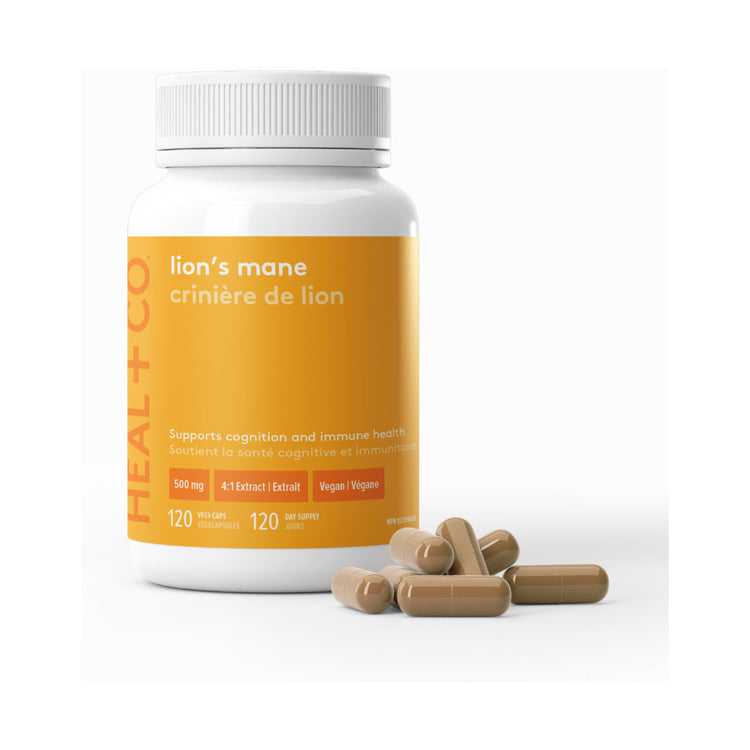 Heal+Co Lion's Mane 500mg, product packaging.