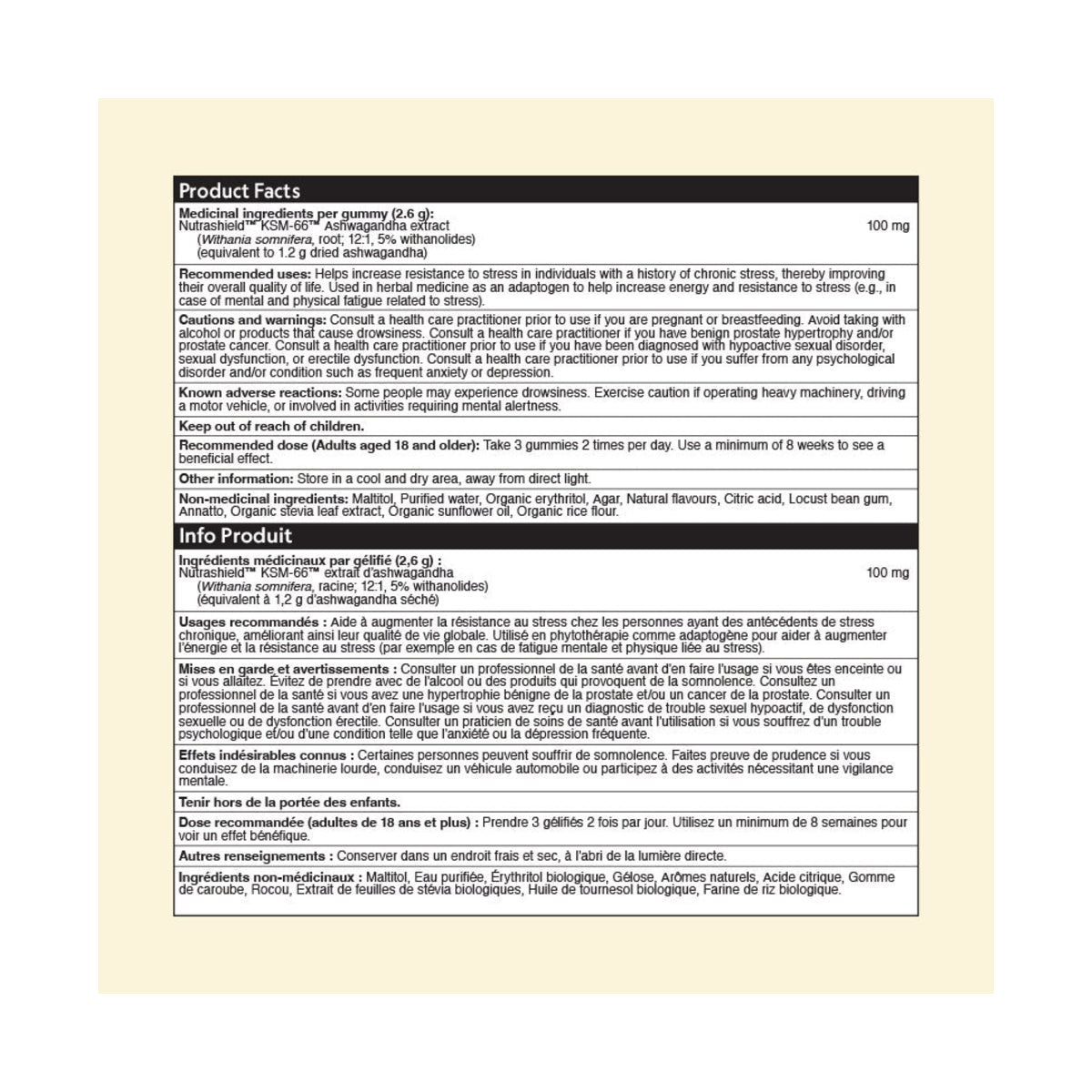 Herbaland Ashwagandha Gummies, ingredient information label.