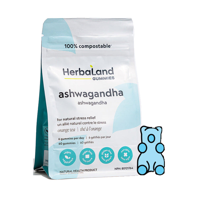 Herbaland Ashwagandha Gummies, gummy supplement pouch with a blue gummy illustration on a white background.