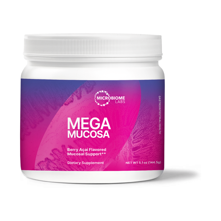 Microbiome MegaMucosa 144.5g, product packaging.