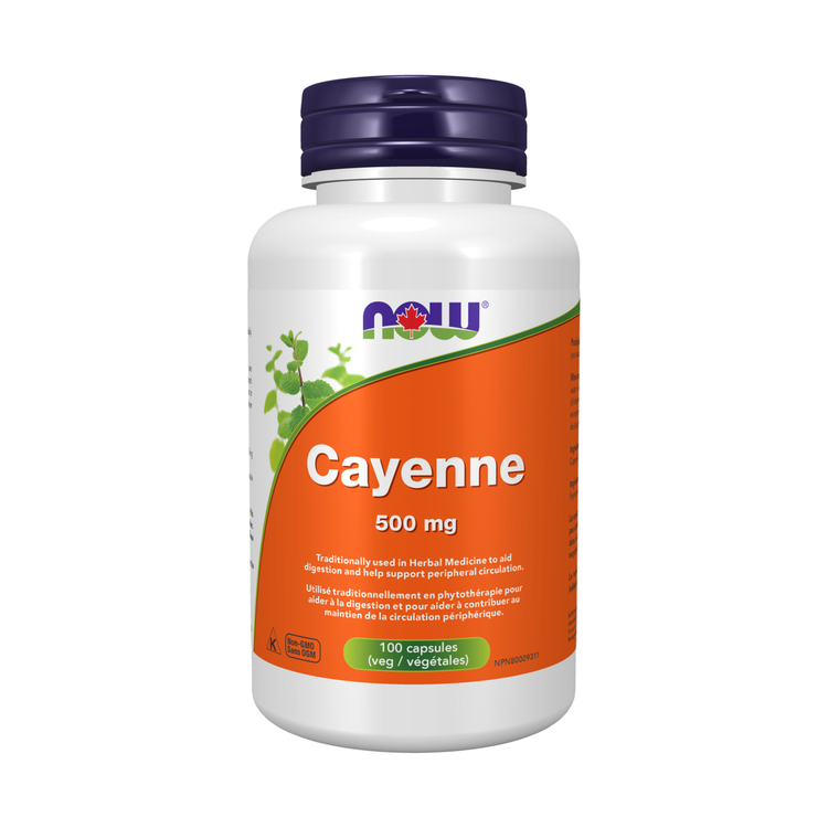 NOW Cayenne 500mg, product packaging.