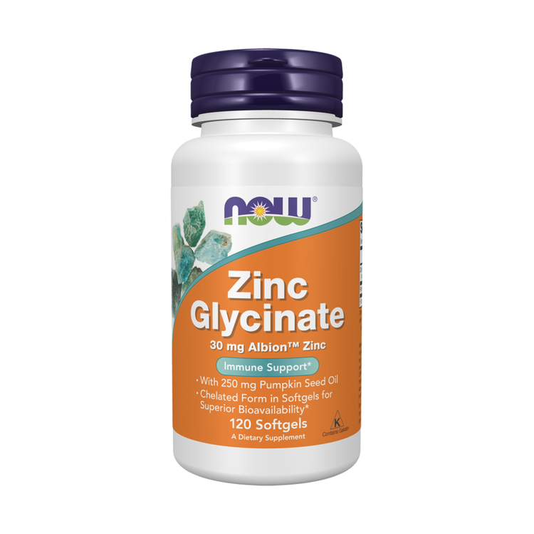 NOW Zinc Glycinate 30mg (120), product packaging.