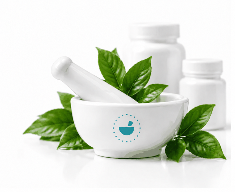 White mortar and pestle with fresh green leaves in front of white supplement bottles