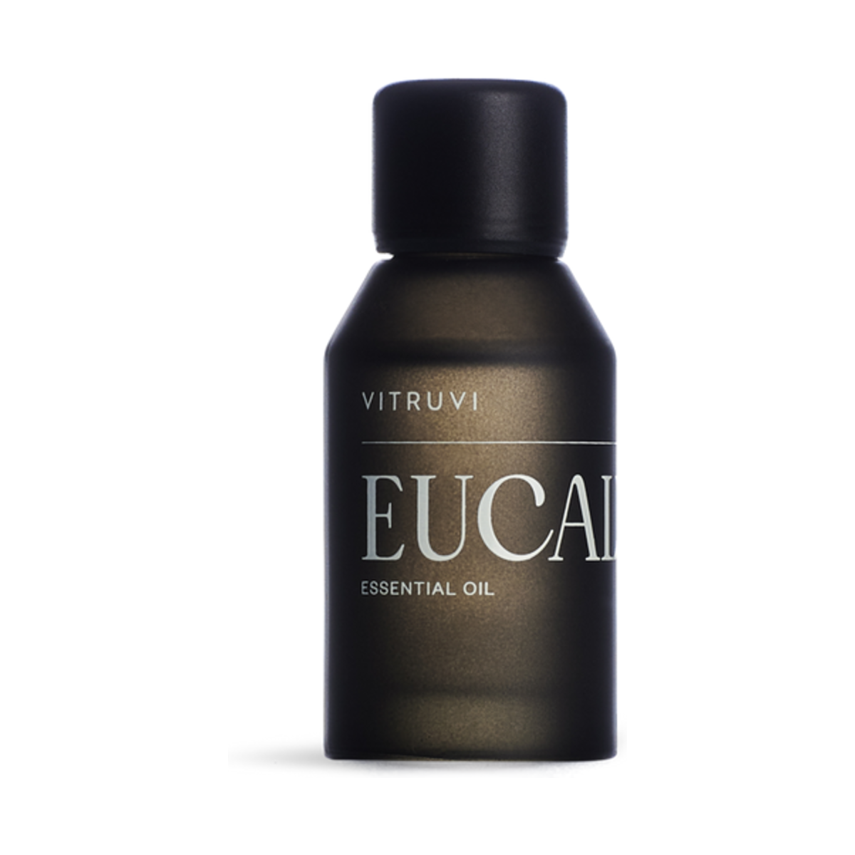 Vitruvi Eucalyptus Essential Oil, essential oil bottle on a white background.