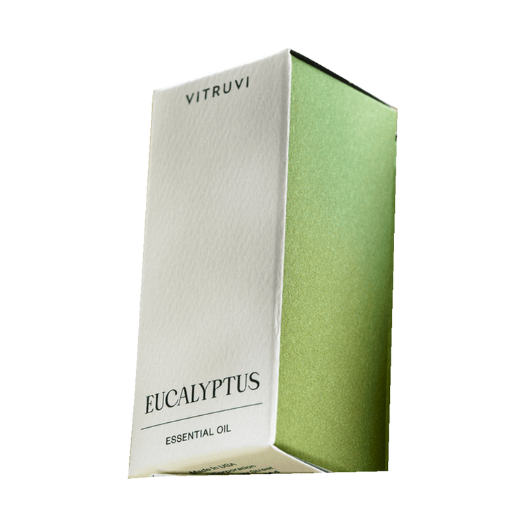 Vitruvi Eucalyptus Essential Oil, essential oil carton on a white background.